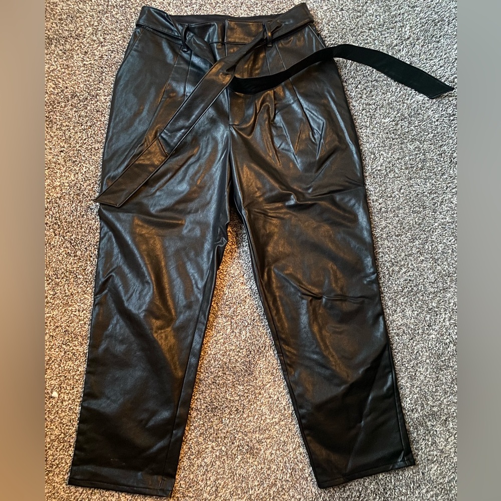 Express faux leather pants paper bag tie belt